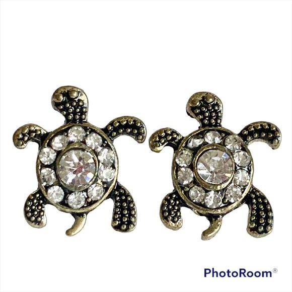Crystal Sea Turtle Post Earrings Gold Tone Plated Nautical Island Beach Dainty - Picture 10 of 12